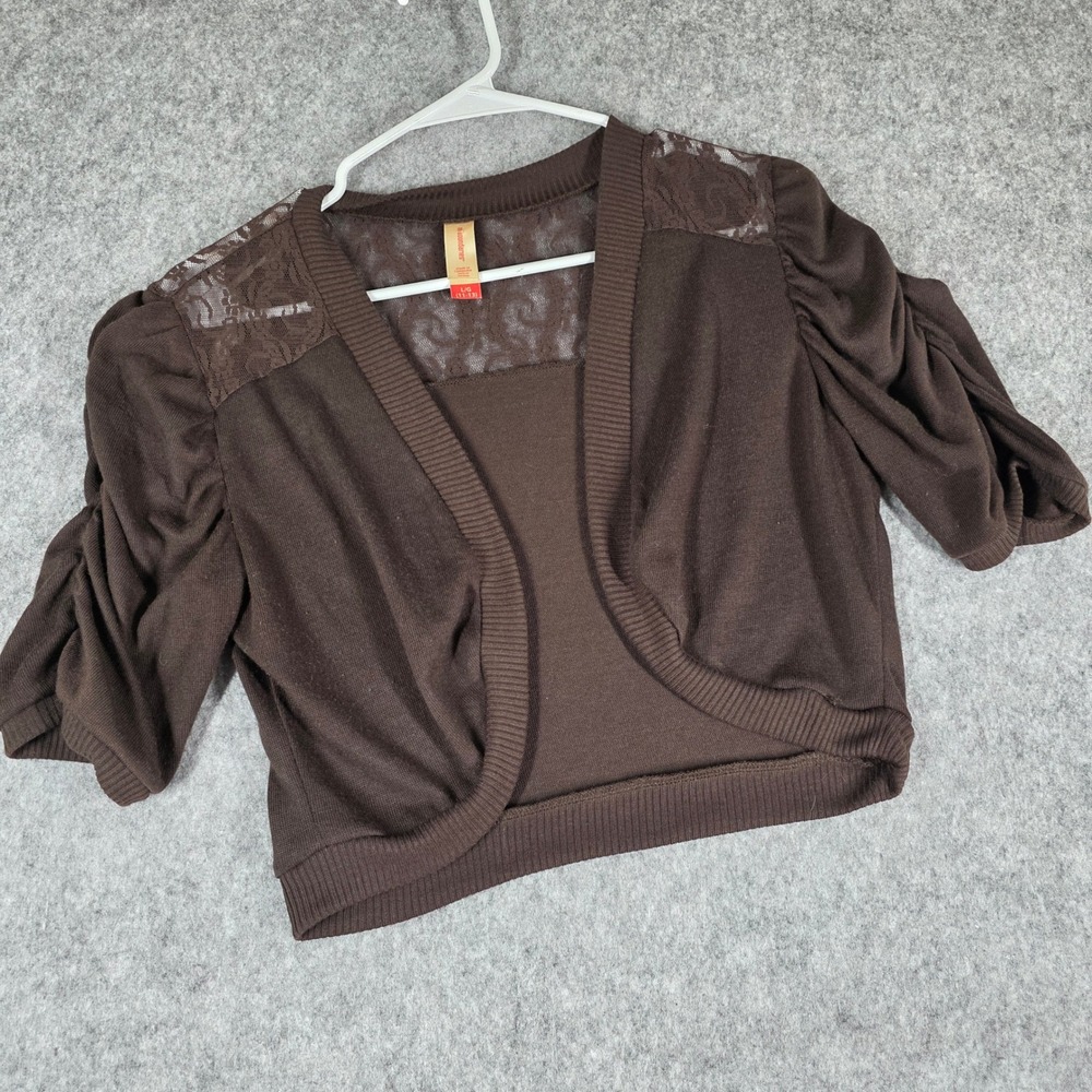 y2k Bolero Shrug Cardigan Brown Lace Yoke Puff Sleeve Large Coquette Fairycore